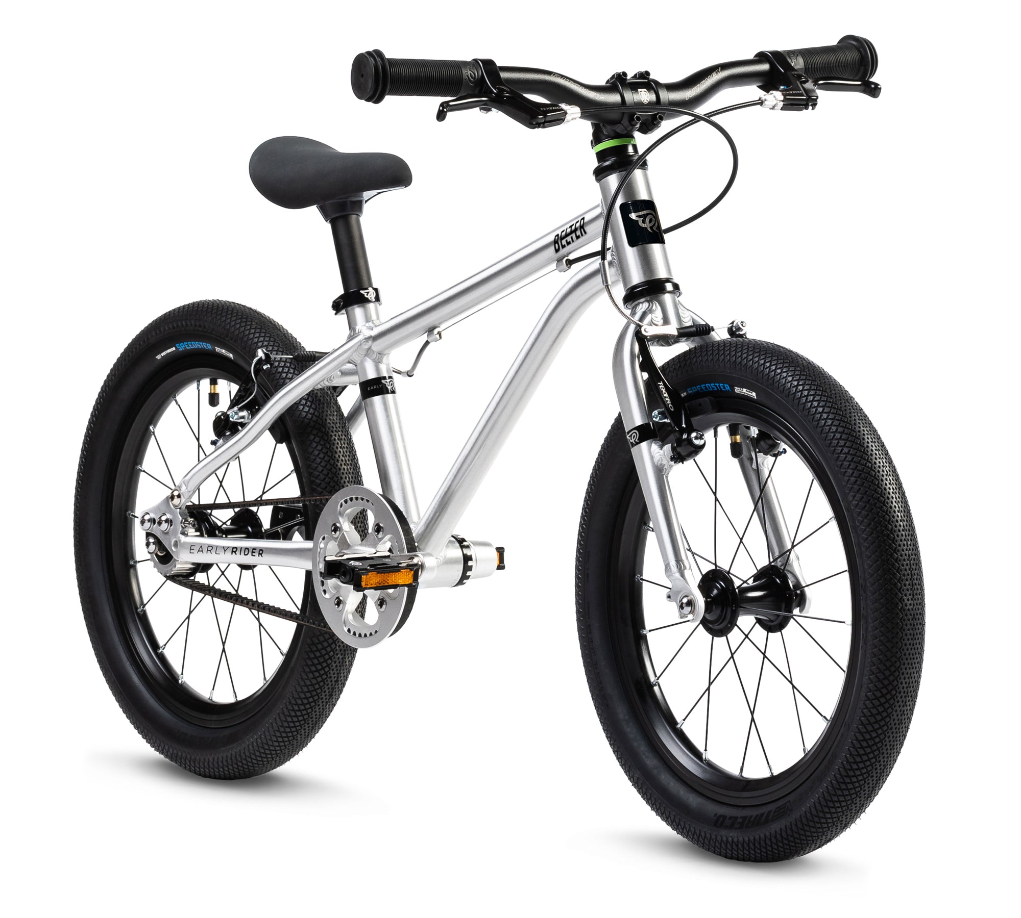 A silver Belter 16 belt drive bike with black tires, designed for children, with a lightweight aluminum frame and a four-bearing cassette hub.